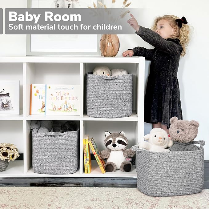 INDRESSME Woven Storage Basket, Multi-Use Organizer for Bathroom, Storage Bin for Baby Nursery & Laundry, Rope Basket for Toys & Diapers, Grey, 13 x 10 x 9 Inches