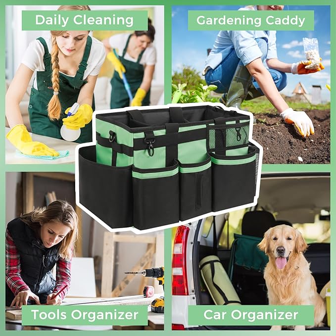 Wearable Cleaning Caddy, Cleaning Caddy Supplies Organizer with Handle & Shoulder Straps for Housekeepers, Under Sink & Car Cleaning Tool Organizers Bag with 4 Foldable Divider (MintGreen)