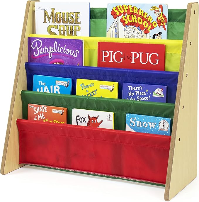 Humble Crew 4-Tier Kids Bookshelf, Natural Wood/Primary - Premium Book Shelf for Kids Rooms with Four Deep Pockets - Toddler Sling Book Rack with Deep Sleeves, Nursery Bookcase Organizer