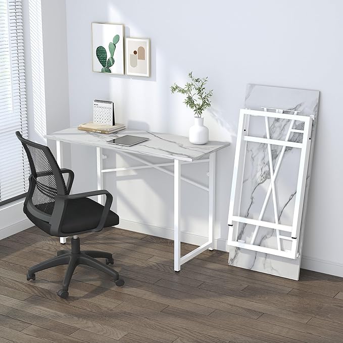 47 inch Folding Desk No Assembly Required, Writing Gaming Computer Camping Table, Home Office Desk, White Marble-NeatNest