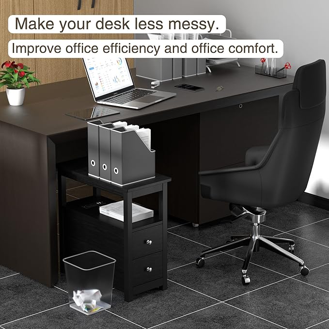 Sandinrayli End Table with Charging Station, Side Table with 2 Drawer & USB Ports & Power Outlets, Nightstand for Small Spaces, Bedside Tables for Living Room Black