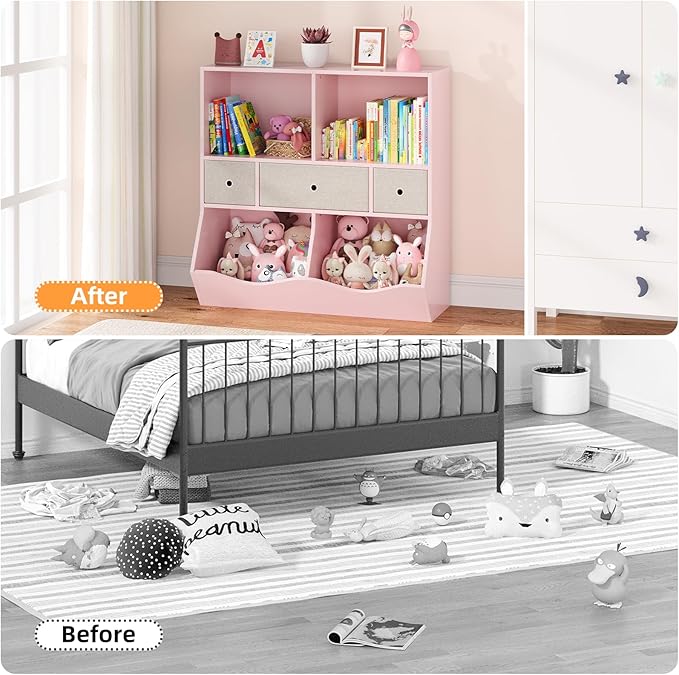 IDEALHOUSE 7-Cubby Large Kids Toy Storage Organizer, Children Wood Bookcase and Bookshelf, 3-Tier Toy Storage Cabinet with 3 Drawers for Hallway, Playroom, Living Room, School,Pink