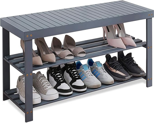SMIBUY Bamboo Shoe Rack Bench, 3-Tier Shoe Organizer Storage Shelf for Entryway Hallway Bathroom Living Room (Grey)-NeatNest