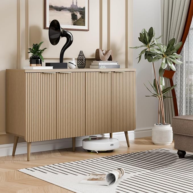 47.2" Sideboard Buffet Cabinet with Storage, Modern Fluted Accent Credenza with 4 Doors, Buffet Media Console Entryway Cabinet with Adjustable Shelve for Living Dining Room Hallway, Natual Oak-NeatNest