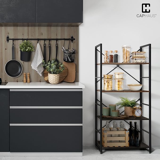 CAPHAUS 4 Tier Bookshelf, 24 Inch Width Free Standing Shelf, Bookcase Shelf Storage Organizer, Industrial Book Shelves for Home Office, Living Room, Kitchen, Rustic Oak Vintage Shelves & Metal Frame-NeatNest