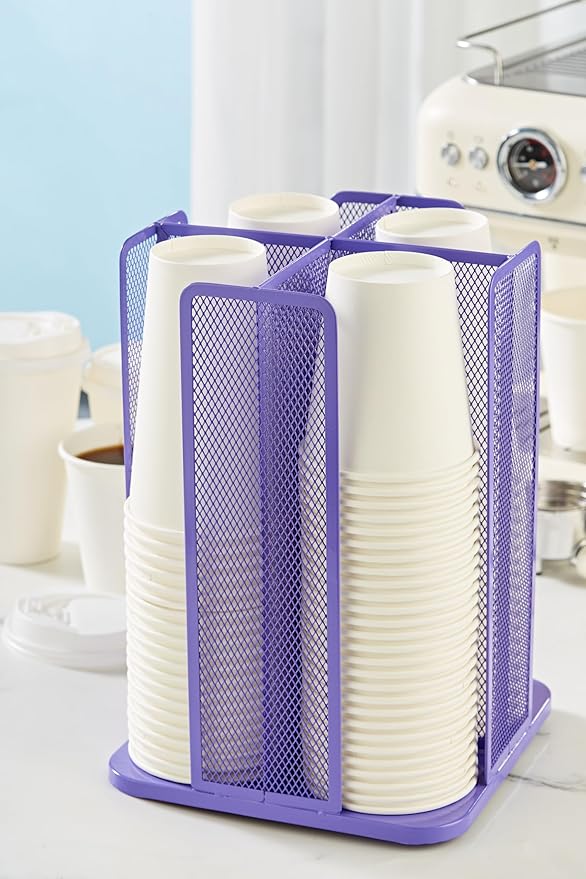 Annova Paper Cup and Lid Holder Plastic Storage Organizer, 360Rotating Dispenser with 4 Compartments, Multifunctional Cup Rack for Home, Office, Bar, Coffee Shop (Purple)-NeatNest