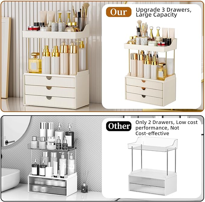 3 Drawers Bathroom Counter Organizer - 5 Tier Makeup Organizer, Versatile Perfume Organizer, Ideal for Bathroom Storage, Vanity, Large Skincare, Perfume, Present, Cream White-NeatNest