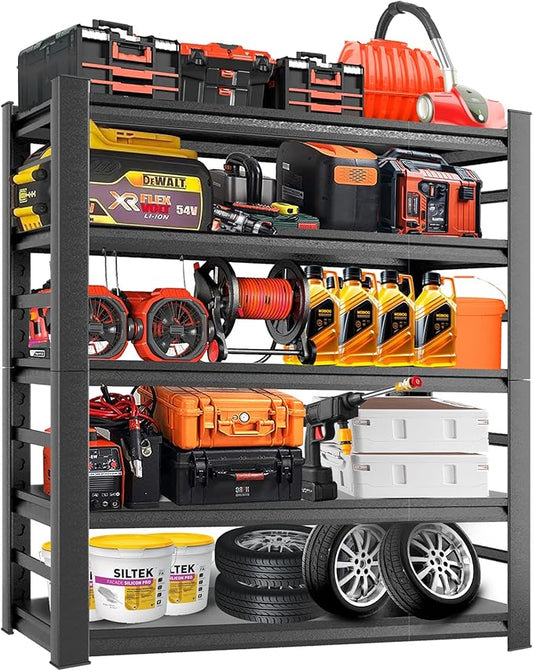 Adjustable Heavy Duty Metal Garage Shelving Unit with Fence, 5-Tier Storage Rack for Garage, Basement, or Warehouse, Durable Steel Shelves for Tools & Equipment, 63" H x 32" W x 16" D, Black-NeatNest