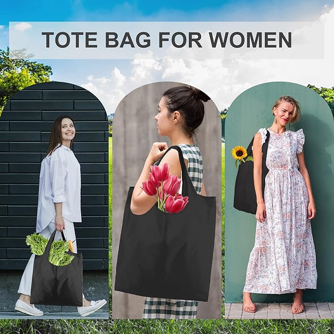 BeeGreen Black Tote Bag Shopping Bags for Groceries & Reusable Grocery Bag Heavy Duty, Large Tote Bag for Women, Foldable 6 Pack Gift Bags With Handles, Cute Cloth Washable for Holiday Travel & Bulk-NeatNest