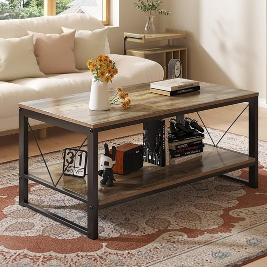 Rectangle Coffee Table Tea Table with Storage Shelf, Farmhouse Wooden Coffe Table for Living Room Table, 40" Rustic Center Table 2-Tier Minimalist Coffee Table Easy Assembly (Natural Wood)-NeatNest