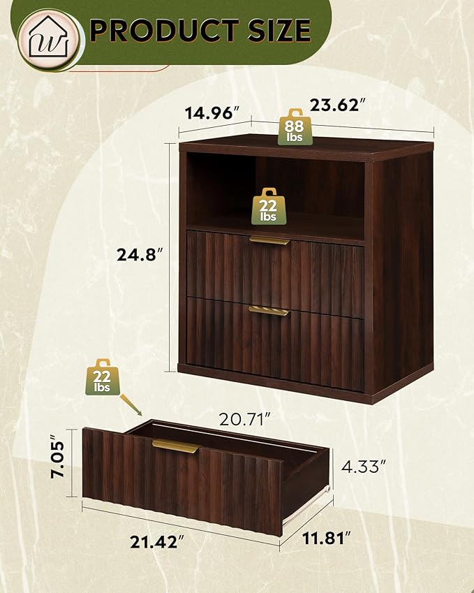 WLIVE Fluted Farmhouse Nightstand Set of 2, Narrow Night Stand Sets with 2 Storage Drawers and Open Shelf, Wood Bed Side Tables for Bedroom, Dorm, Espresso