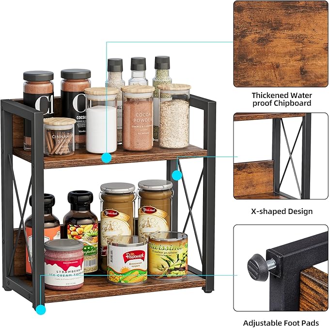 Giikin Counter Shelf Organizer, 2 Tier Kitchen Spice Rack for Countertop, Wood Coffee Counter Organizer for Home (Rustic Brown, L)-NeatNest