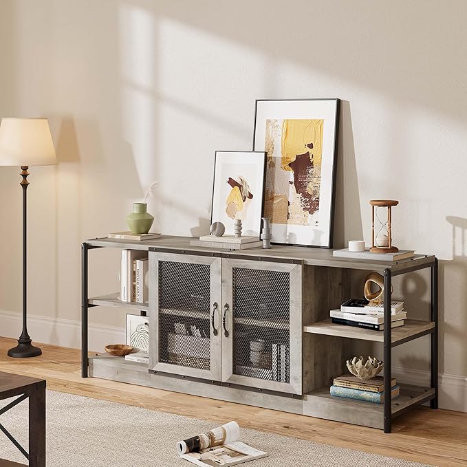 CABIHOME Farmhouse TV Stand for 65/75 Inch TVs, Entertainment Center with Storage Cabinet and Mesh Doors, Industrial Media Console Table, Furniture for Living Room, Light Grey-NeatNest