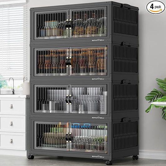 480Qt Stackable Storage Bins with 4 Lids, Extra Large Closet Organizer Collapsible Drawer Boxes with Wheels, Folding Plastic Cabinet Containers for Home Kitchen Room Organization, 4Pack Black