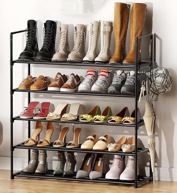 Metal Shoe Organizer,5 Tiers Shoe Storage Shoe Rack with Hooks,Fit 20-25 Pairs,Adjustable Shoe Shelf for Entryway,Hallway,Bedroom,Metal Bottom Support-NeatNest