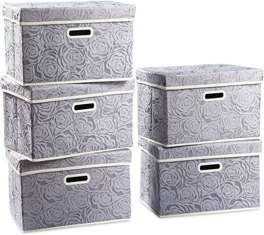 PRANDOM Foldable Storage Bins with Lids [5-Pack] Fabric Decorative Storage Box Cubes Organizer Containers Baskets with Cover Handles Divider for Bedroom Closet Living Room Grey 14.9x9.8x9.8 Inch-NeatNest