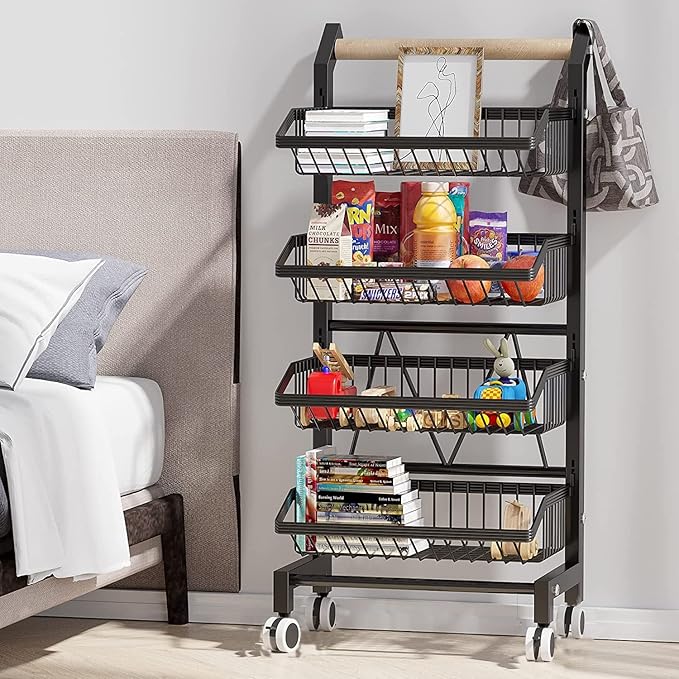 COVAODQ Snack Cart with Wheels 4-Tier Adjustable Fruit Rack Fruit Vegetable Basket Cart Metal Wire Storage Cart Rolling Pantry Utility Kitchen Cart