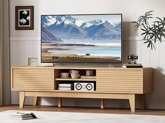 Fluted TV Stand for 55 65 Inch TV, Mid Century Modern Entertainment Center with Shelves, Cabinets & Sliding Doors, TV Media Console Table with Wood Feet & Cord Holes for Living Room, Bedroom, Natural-NeatNest