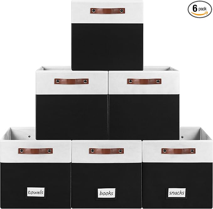 6-Pack Collapsible Fabric Storage Cubes with Handles & Label Holders, Closet Cube Home Organizer Bins (White/Black, 13 x 13 x 13 inch)