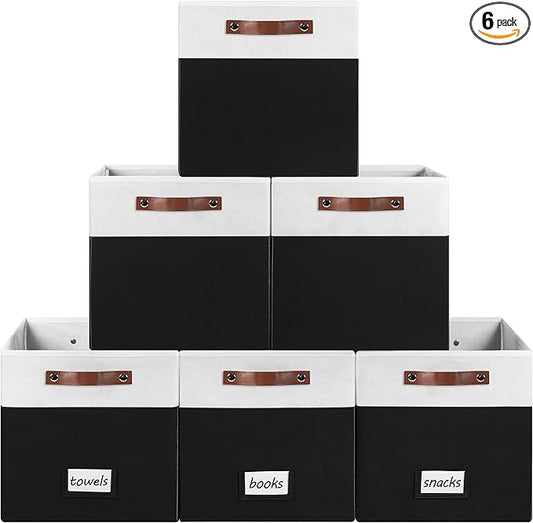 6-Pack Collapsible Fabric Storage Cubes with Handles & Label Holders, Closet Cube Home Organizer Bins (White/Black, 13 x 13 x 13 inch)