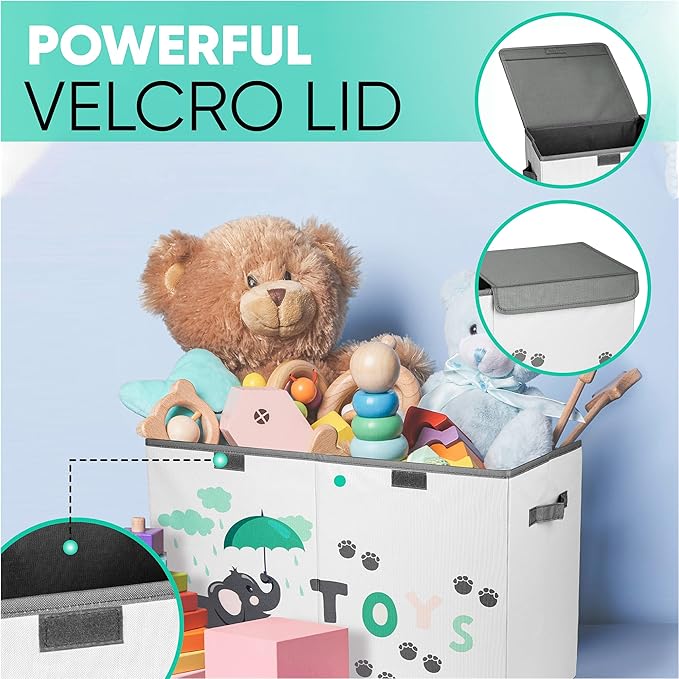 Hula Home Large Toy Box (2pc) - Lightweight Collapsible Sturdy Toy Storage Chest w/Flip-Top Lid & Handles (24.5" x 12" x 16") (Dog & Elephant)