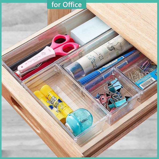 6 Pack Clear Drawer Organizer, Acrylic Drawer Storage Trays, Storage Bins for Makeup, Cosmetics, Jewelries, Utensils, Gadgets, Office-NeatNest