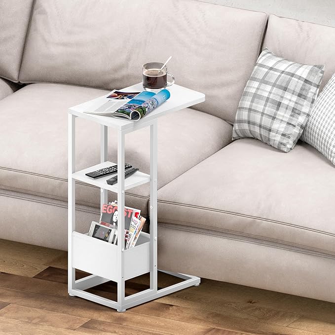 C Shaped End Table, Small Side Table for Couch, Recliner, Slide Under Sofa Tray Desk Snack Tables with Storage Bag for Living Room,Bedroom, Small Spaces - White