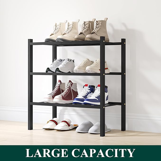 Smiry Shoe Rack, 3 Tier Small Bamboo Shoe Organizer, Stackable Free Standing Wooden Shoe Storage Shelf for Closet, Entryway, Front Door Entrance, Black-NeatNest
