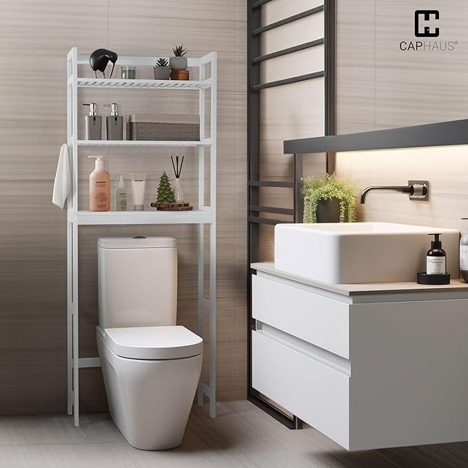 CAPHAUS Over The Toilet Storage Shelf,3-Tier Bathroom Organizer Shelf Rack Over Toilet with Hooks & Adjustable Feet,Freestanding Toilet Shelf, Bathroom & Laundry Organizer,Balcony Plant Stand, White-NeatNest