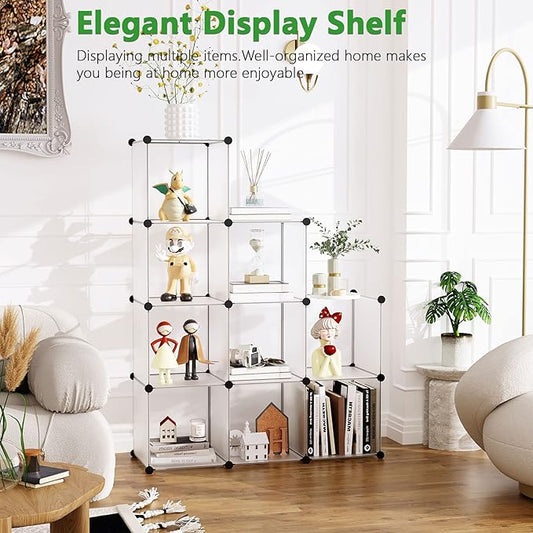 C&AHOME Cube Storage, 9-Cube Plastic Closet Cabinet Organizer, DIY Stackable Bookshelf, Modular shelving Units Ideal for Home, Office, Kids Room, 36.6"L x 12.4" W x 48.4" H Translucent White SBTM3009A-NeatNest