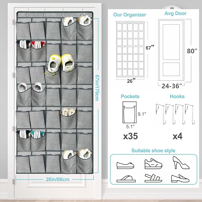 35 Pockets Over the Door Shoe Organizer, Hanging Door Shoe Rack for Closet, Large Shoe Storage Holder Zapateras Organizer for Shoes (Grey)-NeatNest