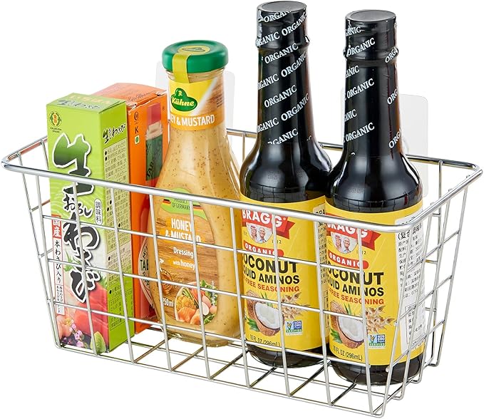 2 Pack Hanging Storage Basket, Bathroom Basket, Household Goods, with Traceless Tape, no Drilling, for Cabinet Storage, Kitchen, Bathroom, Storage Room,Chrome