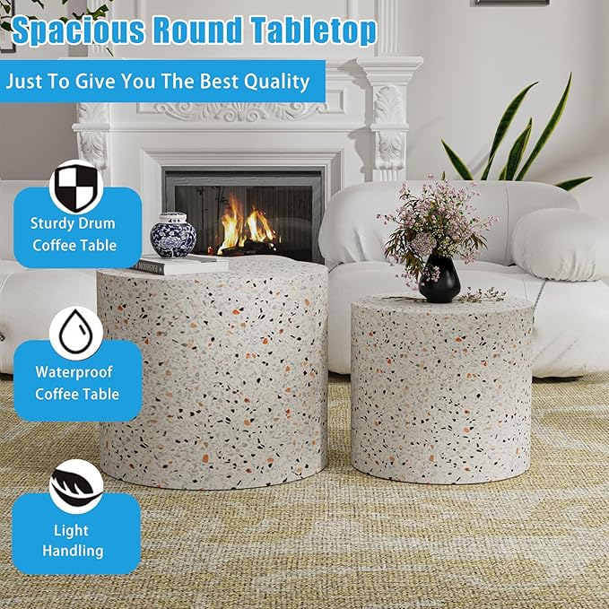 Nesting Coffee Table Set of 2, Modern Round Coffee Table with Non-Slip Feet, Wooden Circle Accent Tables for Small Spaces Living Room Bedroom Balcony Office Drum Side Table (C Terrazzo)