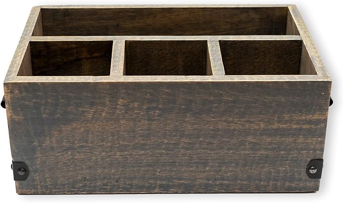 GoCraft 4 Compartment Flatware Caddy, Cutlery Utensil Holder, Silverware Condiment Organizer with Napkin Holder for Kitchen, Dining, Picnics, Grey Washed Mango Wood Caddy with Metal Handles