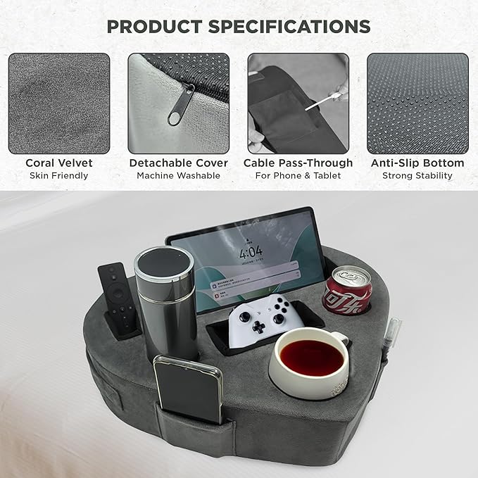 Heart-Shaped 8-in-1 Bed & Couch Cup Holder, Sofa Organizer Caddy Holds Phone, Tablet/iPad, TV Remote, Gaming Console, Mug - Drinks Cupholder Tray - Buddy Pillow Gift for Women & Couples, Gray-NeatNest