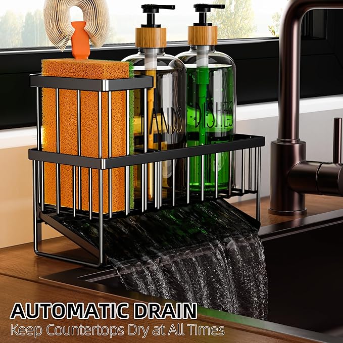 Cisily Dish Soap Dispenser, 16 fl Oz Dual Kitchen Soap Dispensers with Sponge Holder, Customized Stainless Steel Kitchen Soap Dispenser Set, Modern Hand and Dish Soap Bottle Set Removable-NeatNest