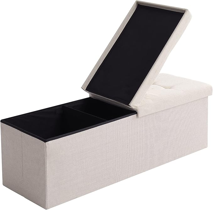 CUYOCA Shoe Storage Ottoman Foldable Seat Footrest Tufted Bench End of Bed Storage with Flipping Lid, 166L Storage Upholstered , Linen Fabric Beige, 45.3 Inches-NeatNest