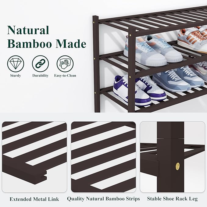 Smiry Shoe Rack, 2 Tier Thick Bamboo Shoe Organizer, Stackable Free Standing Wooden Shoe Storage Shelf for Closet, Entryway, Front Door Entrance, Brown-NeatNest