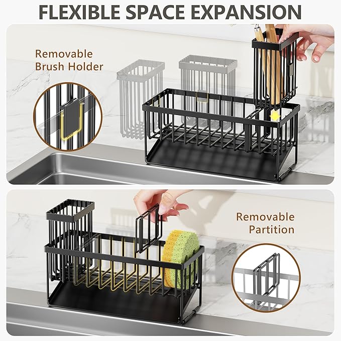 Cisily Kitchen Dish Soap Dispenser Set with 2 Pack Amber Glass, Kitchen Soap Dispensers with Adjustable Black Sink Caddy, Vintage Kitchen Soap Dispenser Set, Hand and Dish Soap Dispensers Set-NeatNest