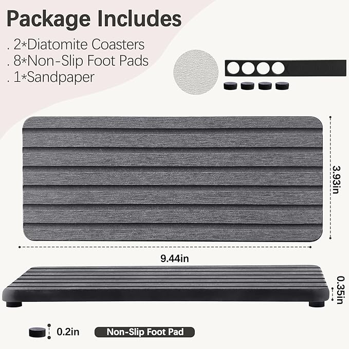 2 PCS Water Absorbent Diatomite Coasters (9.5" x 4"), Grooved Design, Water Absorbing Stone Used for Hand Soaps & Plants & toiletries in The Modern Home-NeatNest