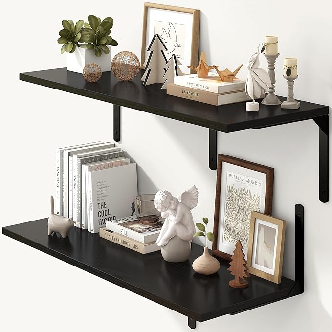 Fun Memories Floating Shelves for Wall, 12 Inch Deep Floating Shelves Set of 2, Wall Mounted Shelf with Metal Brackets, Rustic Wood Wide Shelf for Bathroom, Kitchen and Living Room, Black, 36W x 12D-NeatNest