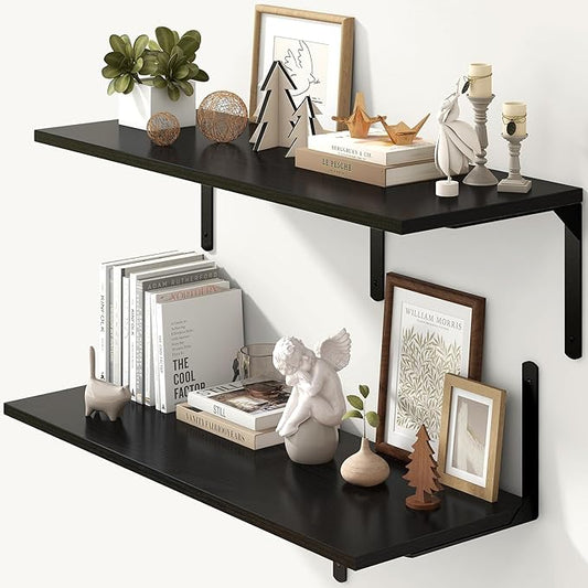Fun Memories Floating Shelves for Wall, 12 Inch Deep Floating Shelves Set of 2, Wall Mounted Shelf with Metal Brackets, Rustic Wood Wide Shelf for Bathroom, Kitchen and Living Room, Black, 36W x 12D-NeatNest