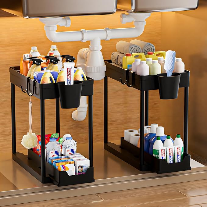 2 Pack Under Sink Organizer, 2 Tier Bathroom Organizers and Storage, Cabinet Organizer with Hook, Multi-Purpose Under Sink Organizers and Storage for Bathroom & Kitchen, Bedroom (Black)-NeatNest