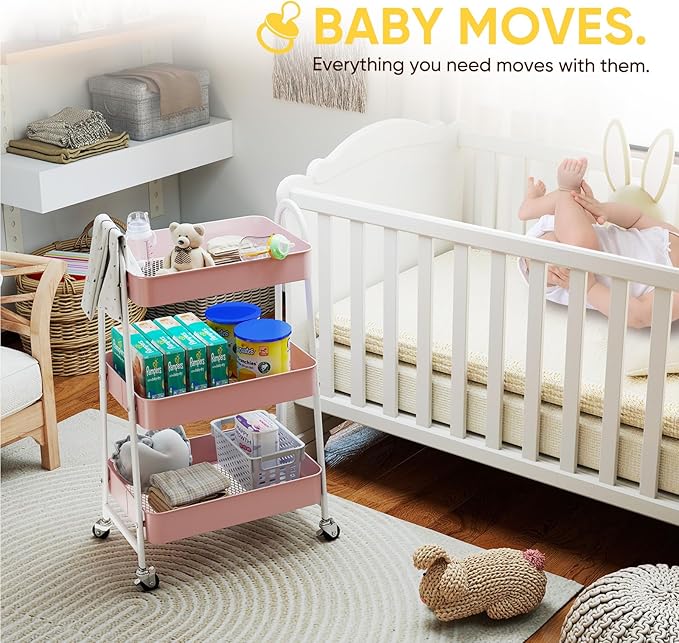 Sekey 3 Tier Rolling Cart Metal, Easy Install Utility Cart on Wheels, Heavy Duty Storage Cart with Lockable Wheels for Baby Nursery, Bathroom, Kitchen, Laundry Room, Pink