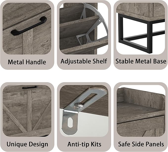 Hidden Shoe Storage Cabinets with 2 Flip Drawers and Metal Legs, Freestanding Narrow Shoe Organizer Rack for Entryway, Rustic Grey-NeatNest