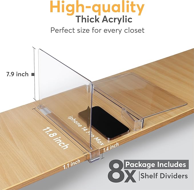 8 Pack Acrylic Shelf Dividers for Closet Organization 11x7.9 Inch – Clear Closet Shelf Separators for Purses, Clothes & Sweater Storage – Vertical Bookshelf Dividers for Bedroom, Office & Kitchen-NeatNest