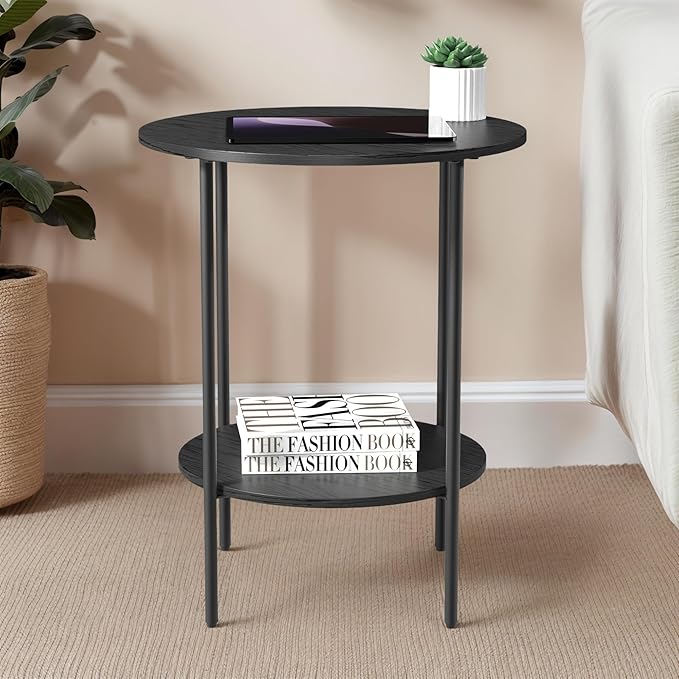 Side Table,Round End Table with 2 Storage Shelves| Compact Side Tables for Living Room, Couch, Office & Bedroom | Narrow Accent Table as Space-Saving Small Bedside Table 18x18x22in(Black)