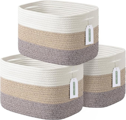 Cotton Rope Storage Basket, 15x10x9 Inches, Woven Basket for Shelves, Clothes, Toys, Towels, Books, and Laundry, Durable and Stylish, White Brown (3 Pack)-NeatNest