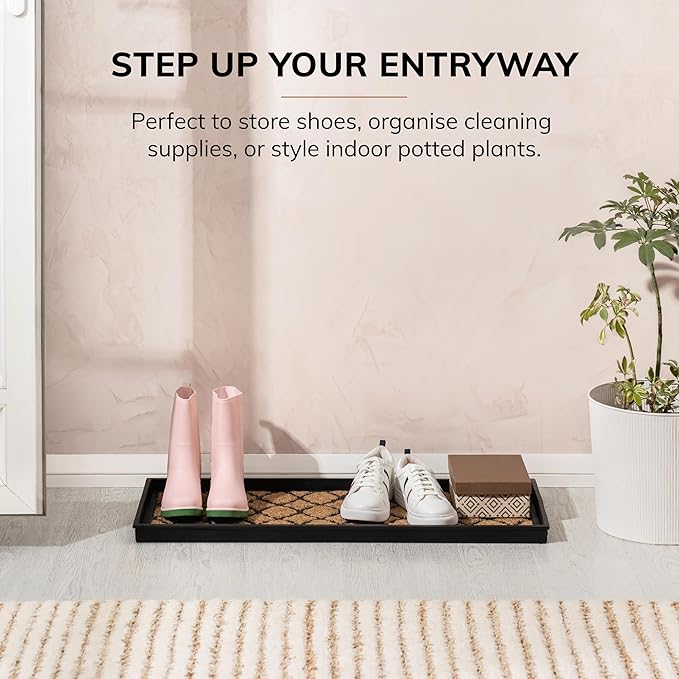 Anji Mountain Heavy Duty Waterproof Rubber Shoe Storage Mat Organizer/Boot Storage Tray Multi Use for Entryway with Coir, Tan Insert, Fits 3 Pair (34.5" Wide)
