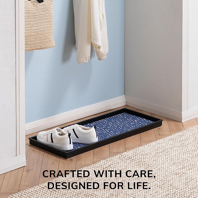 Anji Mountain Heavy Duty Waterproof Rubber Shoe Storage Mat Organizer/Boot Storage Tray Multi Use for Entryway with Coir, Blue and Ivory Insert, Fits 3 Pair (34.5" Wide)